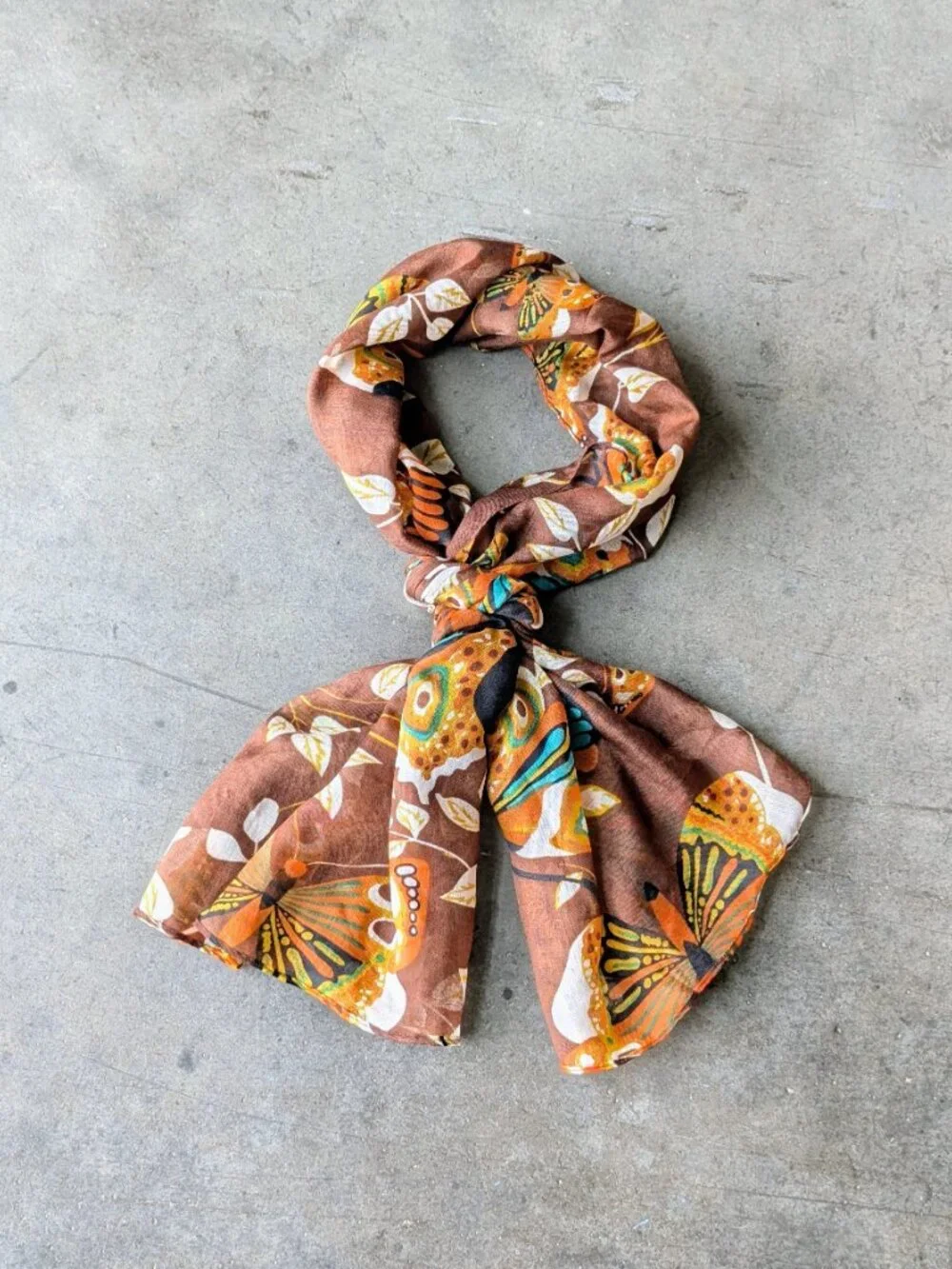 Retro 70s Brown Orange Butterfly Pattern Long Scarf